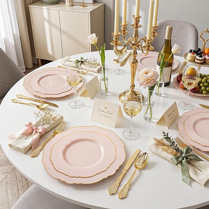 WDF 100pcs Pink Plastic Plates - High-end Baroque Design - Pink and Gold Plates for Upscale Party & Valentine's Day - Including 50 Disposable Plate 10.25inch, 50Salad Plate 7.5inch