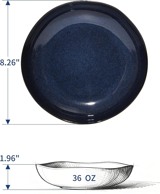 Stoneware Pasta Bowls Set of 6, 8.26" Large Serving Bowls, Chip Resistant Plate Bowls, Salad Serving Bowl for Lunch, Unique Irregular Look, Starry Blue