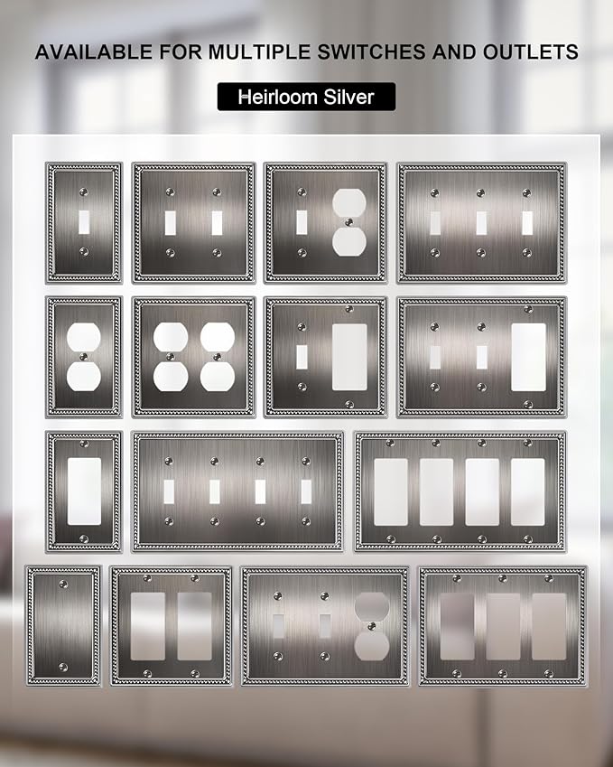 6-Pack Duplex Outlet Cover, Antique Silver Metal Wall Plates for Electrical Outlets, 1 Gang Receptacle Light Switch Cover, Pearls Beaded Decorative Switch Plates and Outlet Covers