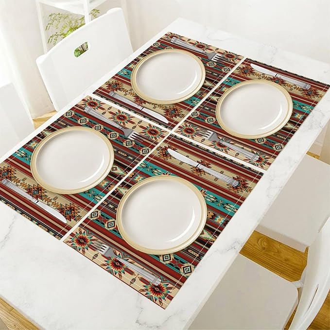 Southwestern Placemats Rustic Tribal Geometric Decorative Table Mat Antique Native Heat Resistant Place Mats for Dining Kitchen Party Holiday Decor 12x18Inch Set of 6