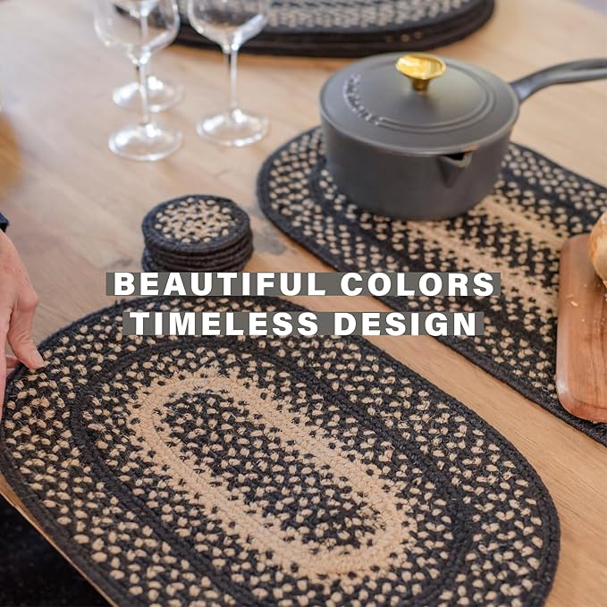 Homespice Manchester Jute Braided Oval Placemats, Country Primitive Decor, Set of 6, 13x19 Black and Tan Table Mats - Vibrant Colors, Durable, Easy to Clean and Protects Furniture