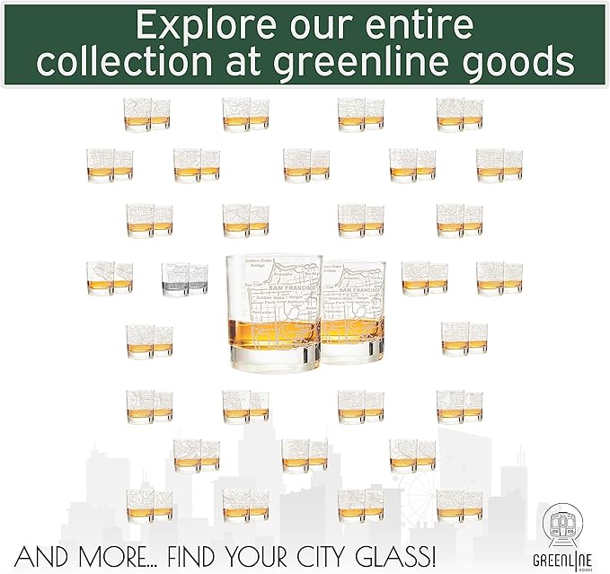 Greenline Goods Whiskey Glasses - 10 Oz Tumbler Gift Set for San Francisco lovers, Etched with San Francisco Map | Old Fashioned Rocks Glass - Set of 2