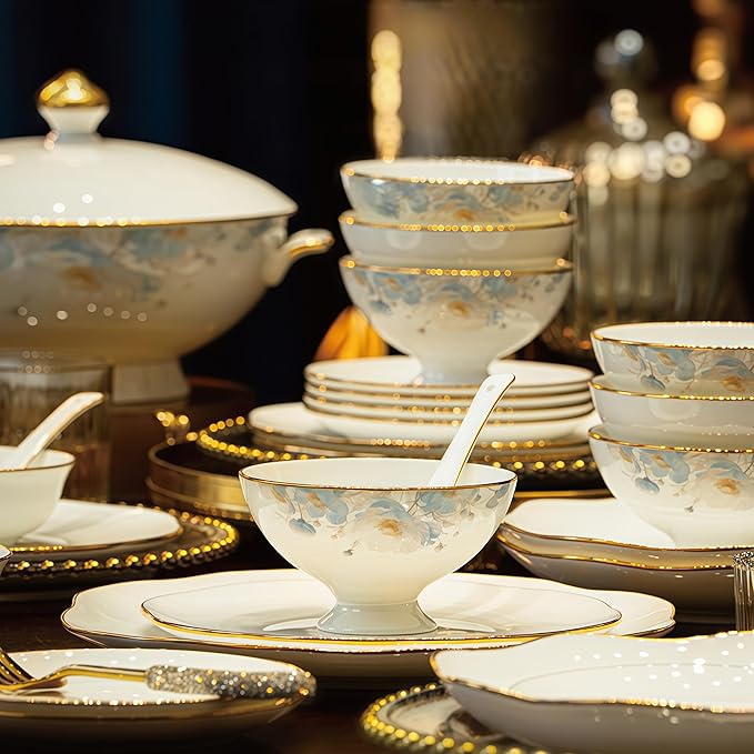 Fine Bone China Dinnerware Set,Porcelain&Ceramic Dinnerware Sets,Bone Stoneware & Ceramic Cookware Tableware Set Includes Dinner Plates|Spoons|Pasta Bowls|Soup Pot|Chopsticks (68 PCS)