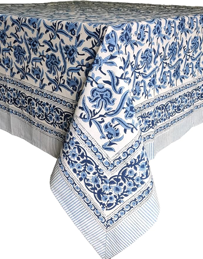 ATOSII Midnight Bloom 100% Cotton Fall Tablecloth, Handblock Print Blue Rectangle Table Cloth for Kitchen Dining Table Linen I Parties Wedding Outdoor Decor 60 X 90 Inches