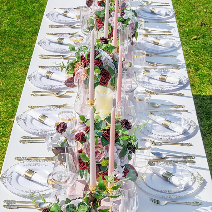 Nervure 350PCS Gold Plastic Plates - Gold Plastic Dinnerware Sets for 50 Guests - 100 Disposable Plates, 150 Silverware, 50 Cups, 50 Napkins for Wedding & Party