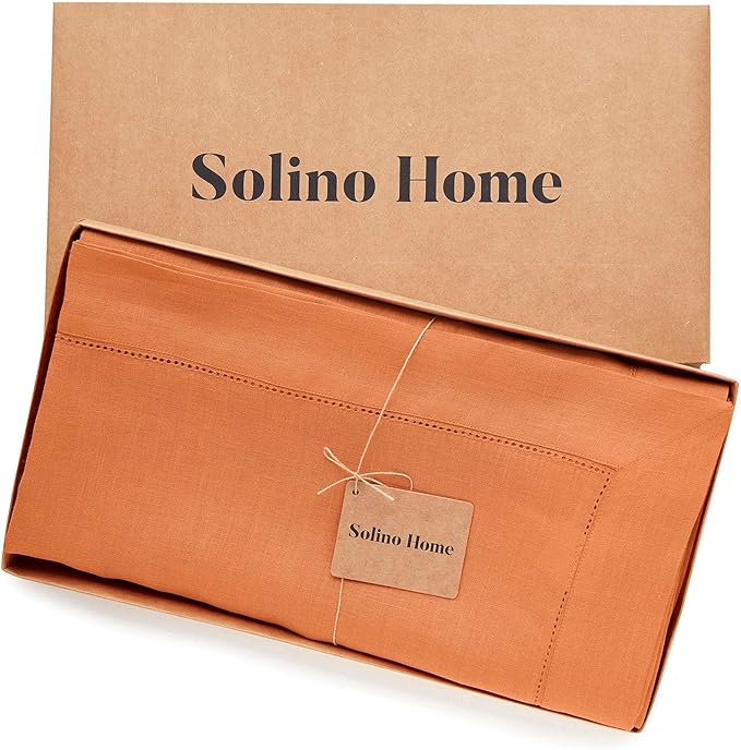 Solino Home Pumpkin Linen Tablecloth 60 x 120 Inch - Classic Hemstitch, 100% Pure Linen Rectangular Tablecloth - Machine Washable Table Cloth