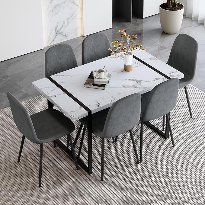 7 Piece Dining Table Set for 6,Modern Rectangle Dining Table and Fabric Dining Chairs 6,Kitchen Table and Chairs for 6,Ideal for Kitchen Dining Room