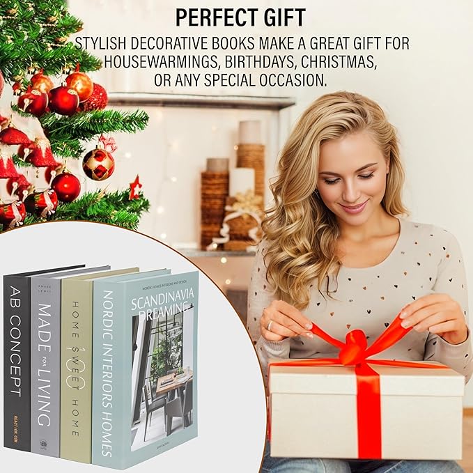 Olive Large | 4 PCS Faux Decorative Books for Home Decor | Not Real Books (Cardboard Boxes) | Coffee Table, Shelf Styling & Modern Aesthetic Accent Pieces for Living Room, Office