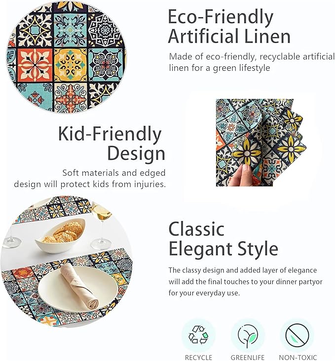 Mandala Bohemian Placemats Set of 6 Two-Sided Washable Table Placemat Boho Mat Fabric Cloth Vintage Flower for Farmhouse Kitchen Outdoor Dining Decor 12x18 Inch (Bohemian A)