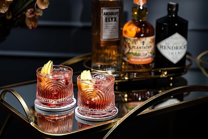 GLASSIQUE CADEAU Vintage Art Deco 1920s Lowball Cocktail Glasses | Set of 4 | 9 oz Crystal Old Fashioned Glassware for Drinking Classic Bar Drinks | Heavy Base Short Rocks Tumblers for Women