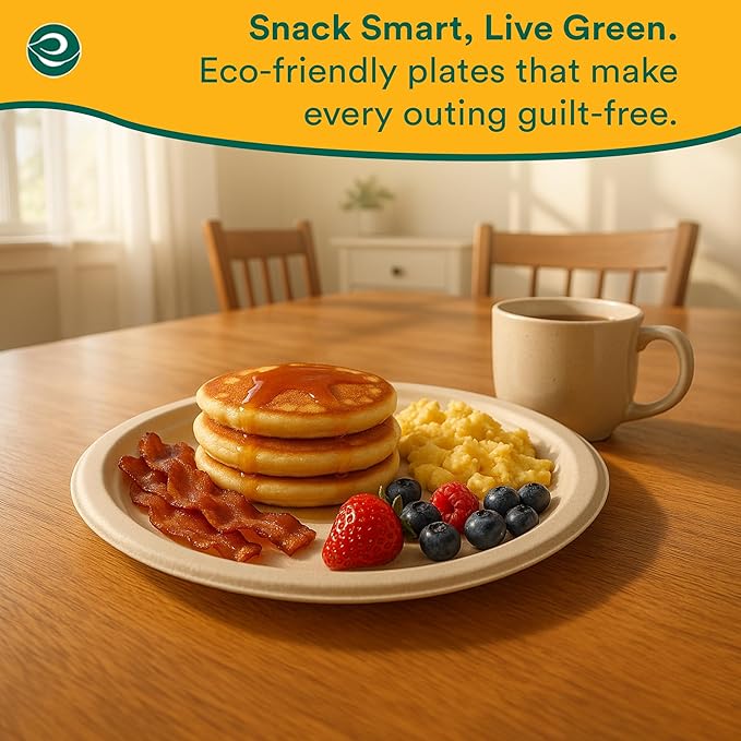 ECO SOUL Compostable 9 Inch(200-Pack) Biodegradable Heavy-Duty Disposable Eco-Friendly Paper Plates for Dinner & Parties, Wedding, Event