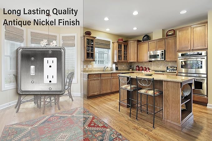 Henne Bery Rope Edge Decorative Wall Plate Switch Plate Outlet Cover (Toggle/Decorator, Heirloom Silver)