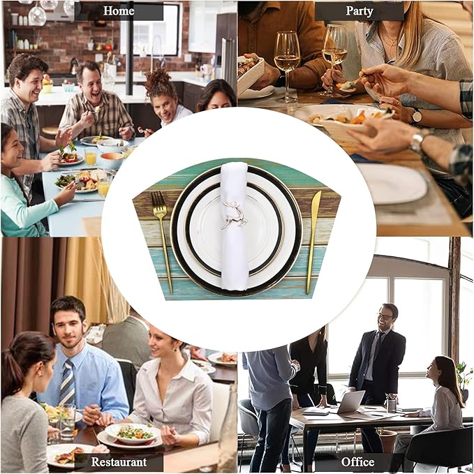 SHACOS Small Round Table Placemats Set of 5 Woven Vinyl Wedge Placemats with Centerpiece Round Table Mats Wipe Clean, Teal Brown Stripe Wood Board