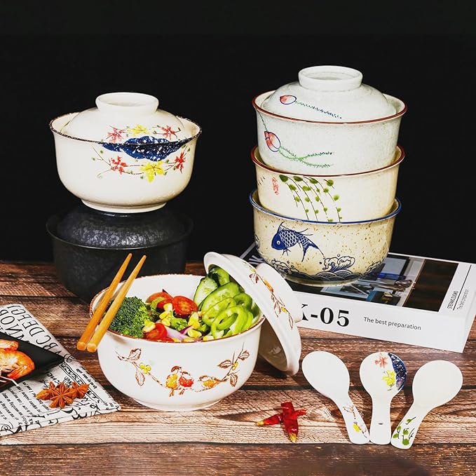 Ceramic Ramen Bowl Set, 800ml, with Lid, Spoon and Chopsticks, Japanese Vintage Large Soup Bowls Instant Noodle Bowl Asian Tableware (Color*1)