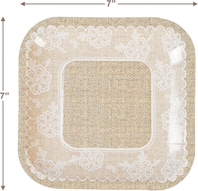 HOME & HOOPLA Wedding Party and Bridal Shower Rustic Burlap and Lace Paper Dessert Plates and Beverage Napkins (Serves 16)
