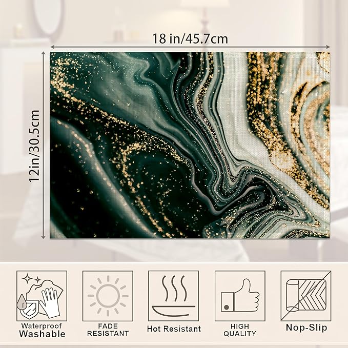 Placemats,Green Gold Flowing Marble Placemats 12x18 Inch Waterproof Non-Slip Washable Table Mats for Kitchen Dining Party Table Decor,Set of 6