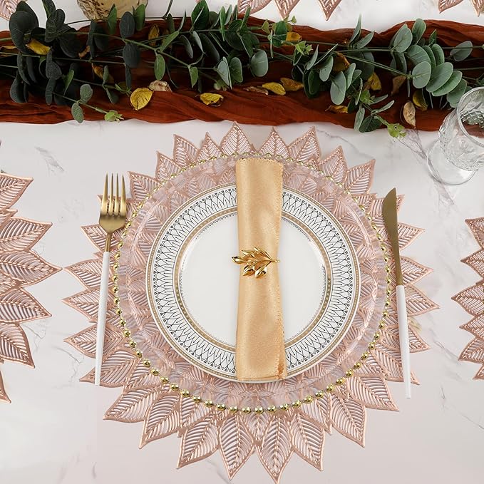 Placemats Set of 6, Round Hollow Out Flowers Place Mats for Dining Table Pressed Vinyl Blooming Leaf Table Mats for Holiday Party Wedding Accent Centerpiece Dinner Table Decoration (Rose Gold)