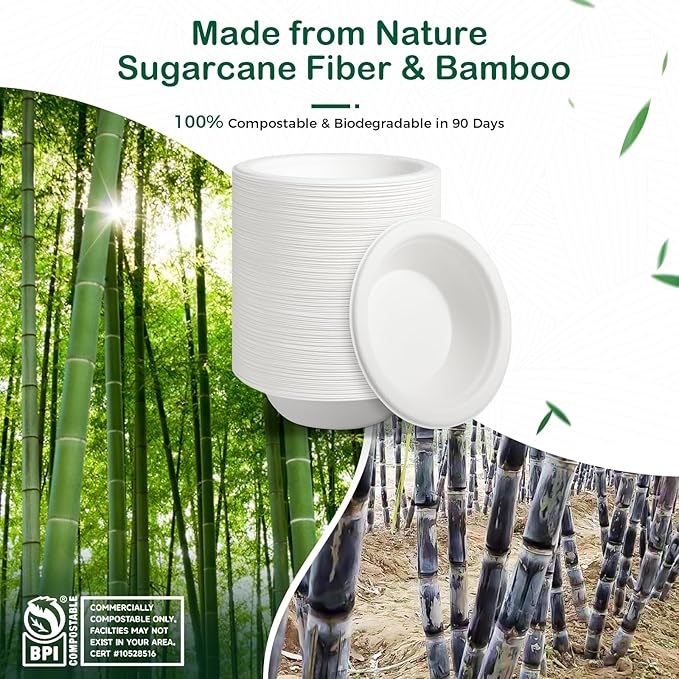 𝟴 𝗼𝘇, 𝟭𝟮𝟴-𝗣𝗮𝗰𝗸 Compostable Paper Bowls, Heavy-Duty Biodegradable Disposable Bowls Made from Bagasse, Eco-Friendly, Microwave & Freezer Safe (White)