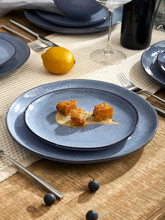 Famiware Moonlight Plates and Bowls Sets, 24 Pieces Stoneware Dinnerware Sets with Linen Finish, Handmade Dishware Set for 8, Microwave and Dishwasher Safe, Chip and Scratch Resistant, Blue