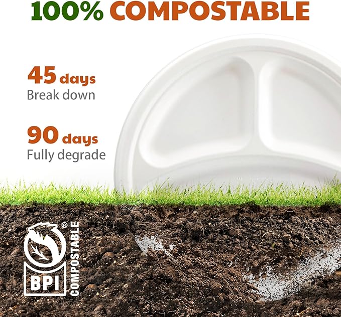 Compostable 3-Compartment Paper Plates, 125 Count, 10 Inch, Heavy Duty Disposable Divided Lunch Trays, Biodegradable Bagasse Sectional Plates for Buffet, Parties, Events & Daily Use, (White)