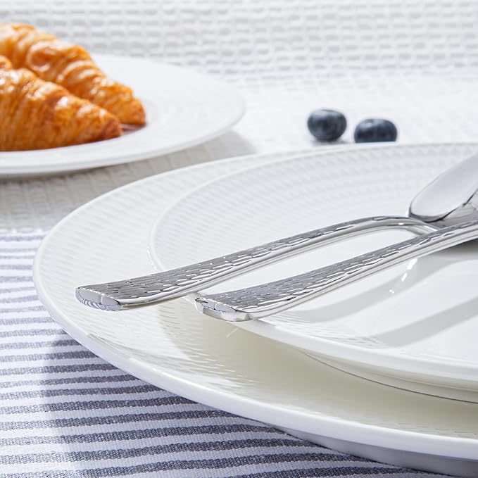 KINGSTONE Hammered Silverware Set, 60-Piece Flatware Set, 18/10 Stainless Steel Premium Cutlery with Unique Ripple Handles Design Mirror Polished - Dishwasher Safe