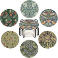 Drink Coasters for Drinks Set of 6, Vintage Art Nouveau Floral Pattern Absorbent Round Ceramic Stone Mat Coaster, with Cork Base and Metal Holder, Home Bar Decor House Warming Gift