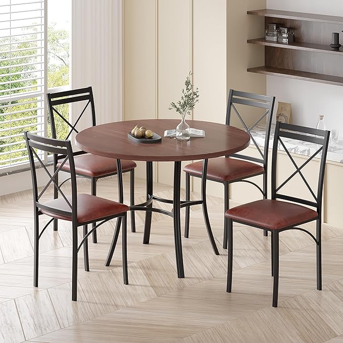 VECELO 5 Piece Dining Table Set for 4, Wood Grain Dinette with Chairs for Kitchen, Breakfast Nook, Small Space, Dark Brown