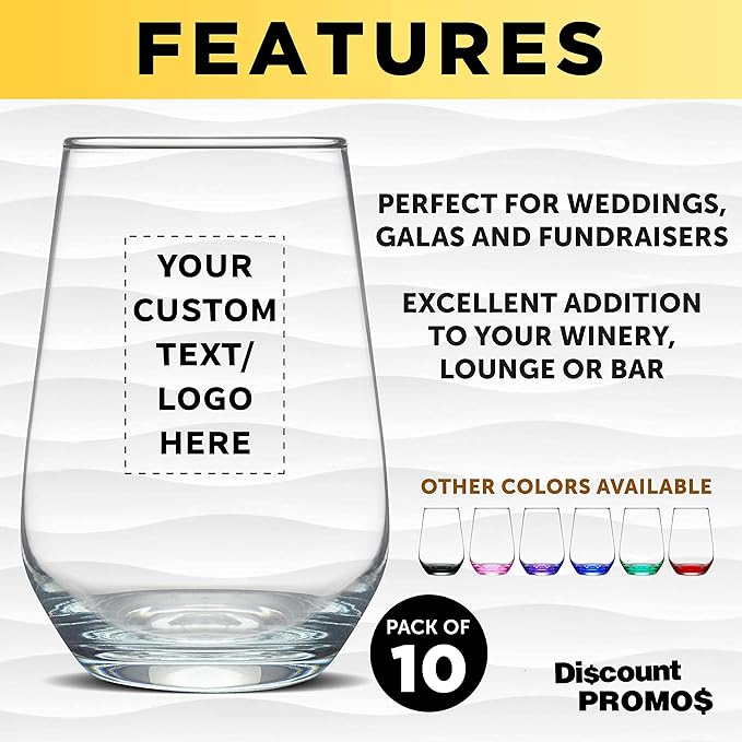 DISCOUNT PROMOS 10 Vaso Silicia Stemless Wine Glasses Set, 16 oz. - Personalized Text, Logo - Clear, Orb-Like, Thick base - Clear