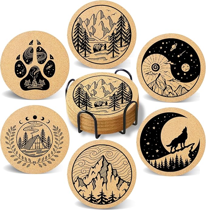 Coasters for Drinks with Holder Set of 6, Mountain Cork Coaster Absorbent Wood for Cup Desk Office Table Kitchen Decor House Warming Gifts for New Home Couples, Round 4"