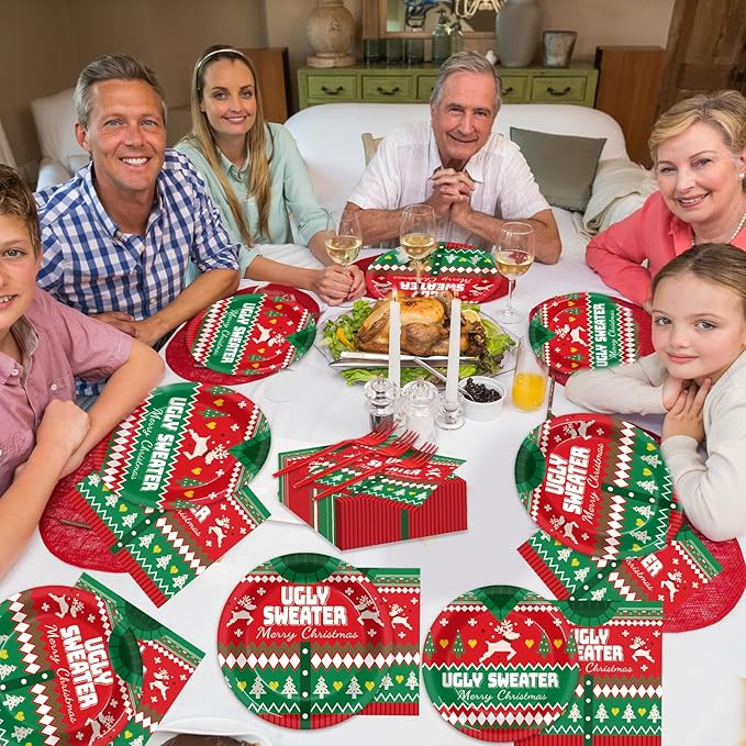 200 Pcs Christmas Ugly Sweater Party Supplies Paper Plates Napkins Xmas Tacky Sweater Tableware Party Decorations Favors for Xmas Birthday Winter Holiday Serves 50