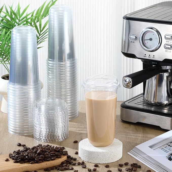 Baderke 100 Pcs Plastic Cups with Sip Lids Round Bottom Disposable Plastic Coffee Cups with Lids Clear Strawless Crystal Mugs for Iced Coffee Smoothie Cold Beverage Party Catering Supplies (20 oz)