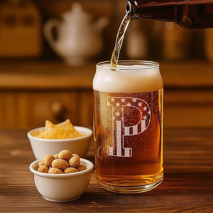 Monogram Beer Glasses for Men (A-Z) 16 oz - Beer Gifts for Men Brother Son Dad Neighbor - Unique Gifts for Him - Personalized Drinking Gift Beer Glass Mugs - Engraved Beer Can Glass (P)