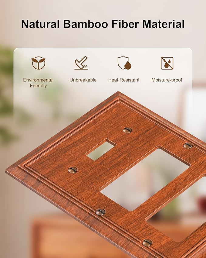 2-Pack Combo Toggle/Double Decorator Outlet Cover Plate, Wood Grain Decorative Switch Plates and Outlet Covers, Durable Natural Bamboo Fiber Wall Plates for Electrical Outlets, Receptacle, GFCI Outlet