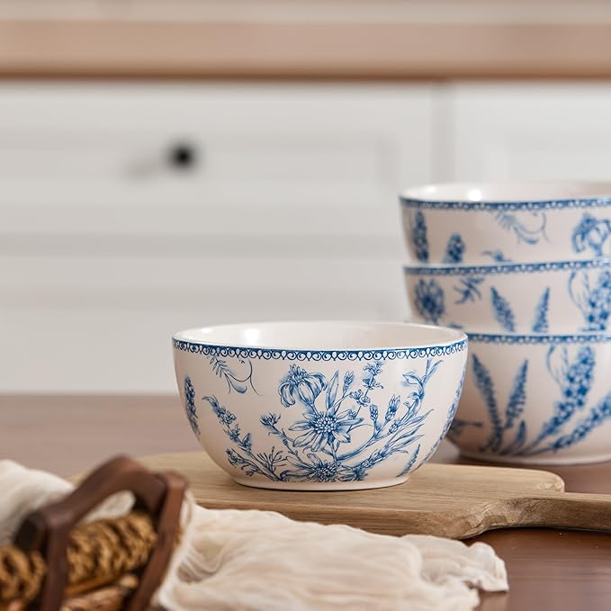 Bico Blue Garden Toile De Jouy Cereal Bowls Set of 4, 26 oz Deep Ceramic Soup Bowls for Cereal, Salad, Noodles, Kitchen, Microwave and Dishwasher Safe, Gift for Housewarming and Thanksgiving