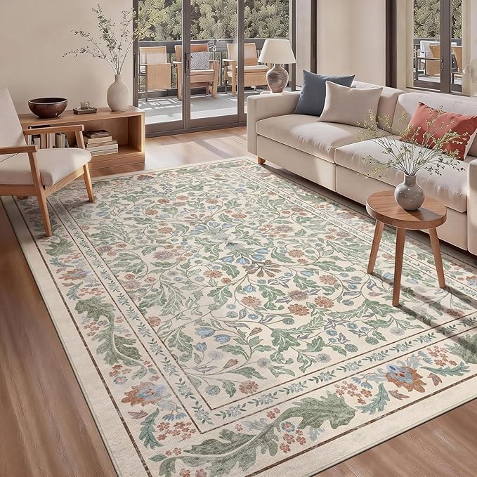 Beige Floral 5x7 Area Rugs for Living Room Large Washable Rug Vintage Forest Low Pile Non Slip Stain Resistance Soft Carpet for Dining Room, Bedroom, Office Rug, Kids Room, Nursery Room, Playroom