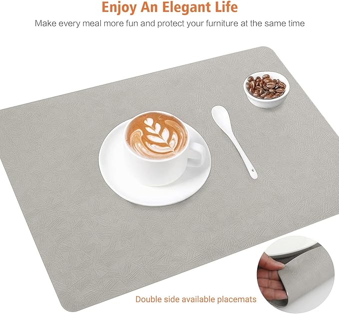 Vinyl Placemats Set of 4 Heat Resistant Easy Clean Non-Slip Place Mats for Dining Table Faux Leather Waterproof Stain Resistant Wipeable Washable PVC Table Mats(4, Light Gray)