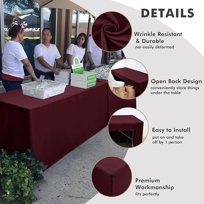 Nasitos 2 Pack Burgundy Tablecloth Rectangle Fitted for 4 Foot-Open Back Valentines Tablecloth Fabric Washable and Wrinkle Resistant Table Cover for Trade Show, Parties, Banquet, Buffet, Baby Shower