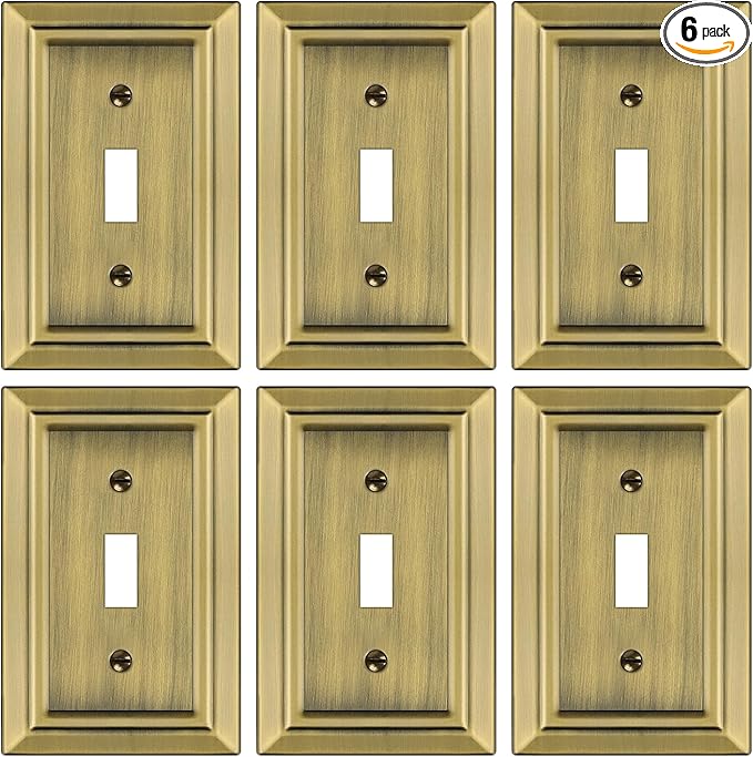 Metal Wall Plate for Electrical Outlets, Decorative Antique Brass Switch Plates Outlet Cover, Light Switch Cover Plate, 1-Gang Wall Plates (Single Toggle, 6 Pack)
