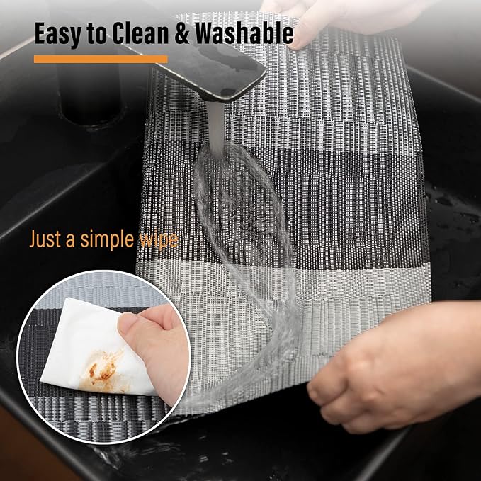 Winknowl Placemats Set of 8, Heat Resistant Non-Slip Vinyl Woven Table Mats for Dining Table, Washable Durable Elegant Place Mats for Kitchen Indoor/Outdoor Use (Black)