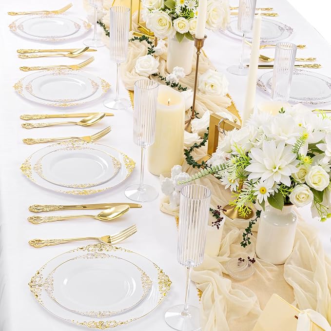 102PCS White and Gold Plastic Plates - Heavy Duty Gold Disposable Plates Include 51PCS 7.5inch Dessert Plates, 51PCS 10.25inch Dinner Plates for Wedding & Parties