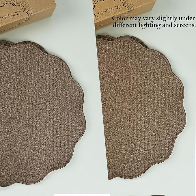 AHHFSMEI Round Faux Linen Placemats Set of 4 Waterproof Table Mats Heat Resistant Non-Slip and Stain Proof for Kitchen Dining Elegant Decor (Brown,4)