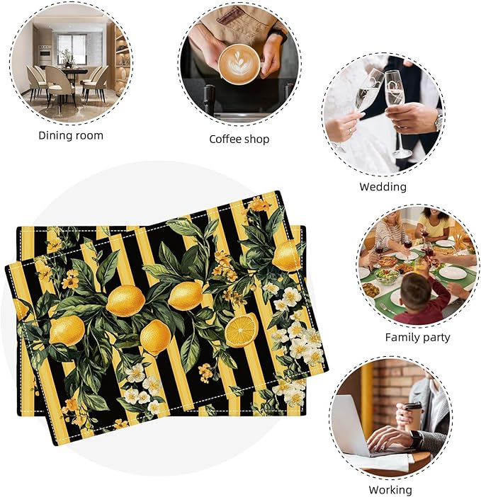 Lemon Placemats Set of 6, Yellow Lemon Place Mats, Fruit Waterproof Washable Table Mats for Home Party Indoor Kitchen Dining Table Decoration 12x18 Inch