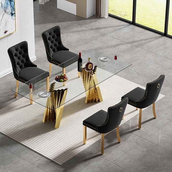 5 Piece Glass Dining Table Set,70" Dinner Room Glass Table Set for 4,Modern Kitchen Dinner Table Set with Stainless Steel Base and 4 Upholstered Velvet Dining Chairs for Living Dining Room