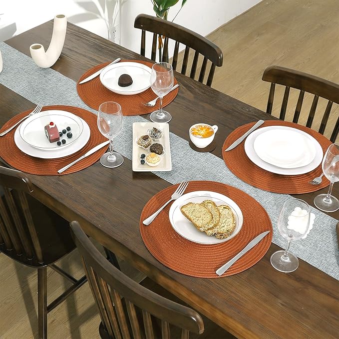 SHACOS Round Placemats Set of 6 Washable 15 inch Round Placemat Cotton Polyester Woven Braided Table Place Mats for Dining Table Decor, Dark Orange