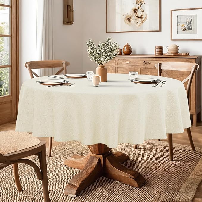 JIUZHEN Faux Linen Round Tablecloths 54 inch, Decorative Wrinkle Free Texture Rustic Circle Table Cloth Cover for Kitchen, Dining, Party, Wedding, Outdoor Use (54 Inch Round,Champagne)