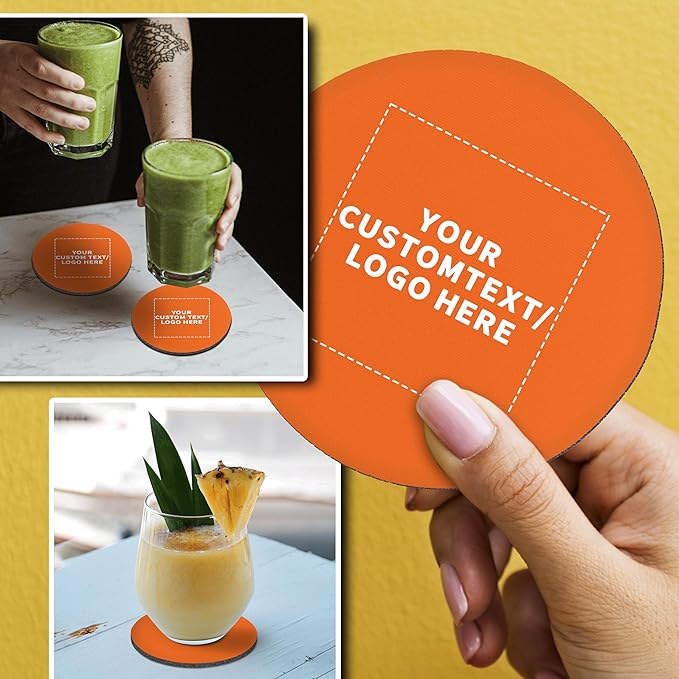 50 Round Foam Bud Coasters Pack, 4 inch - Customizable Text, Logo - PU Foam, Party Favor - Neon Orange