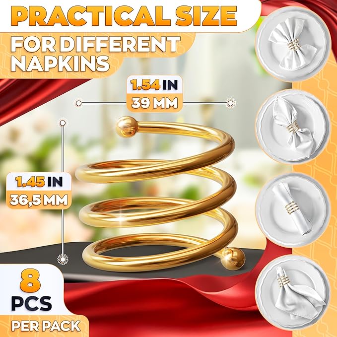 Gold Napkin Rings Set of 8 - Valentine Napkin Rings with Elegant Spiral Design | Durable Metal & Shiny Gold Finish | Great for Weddings, Holidays & Everyday Use | Romantic Valentine Table Decoration