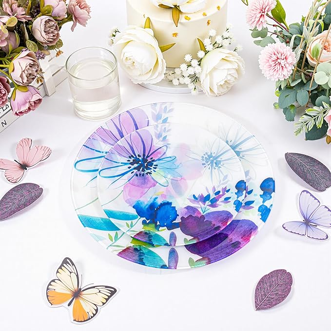 DaYammi 20Pcs Purple Plastic Plates with Watercolor Floral Plates Heavy duty Watercolor floral Plastic Plate 10.25 inch Dinner plates and 7.5 inch Dessert plates for Valentine's Day Party Wedding