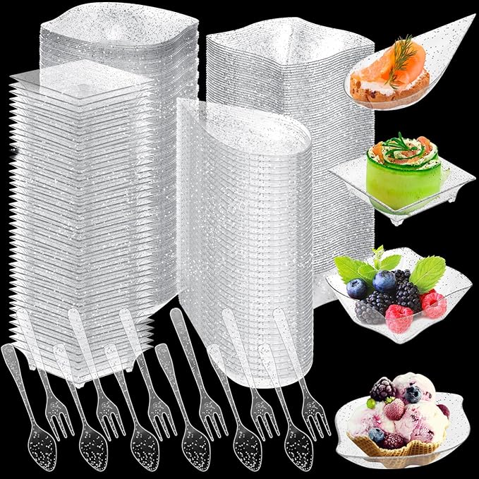 Tessco 800 Pcs Mini Appetizer Plates Set Including 400 Disposable Dessert Plates Assorted Shape 200 Mini Plastic Forks 200 Plastic Spoons for Party(Clear, Silver,Classic)