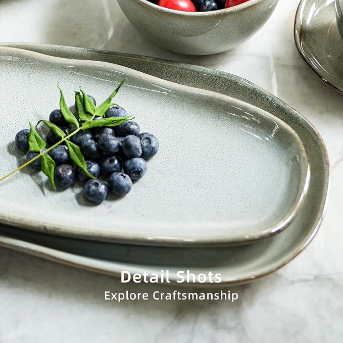 Organic Shape Highland Ceramic Serving Tray, 1pcs 11.625 * 5.125inch Handmade Reactive Glaze ceramic Tray with Wavy Edge, for Kitchen, Microwave & Dishwasher Safe, Scratch Resistant-grey